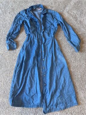 Vintage 90s FADS Blue Denim Button Front Midi Maxi Dress Duster Size 8P